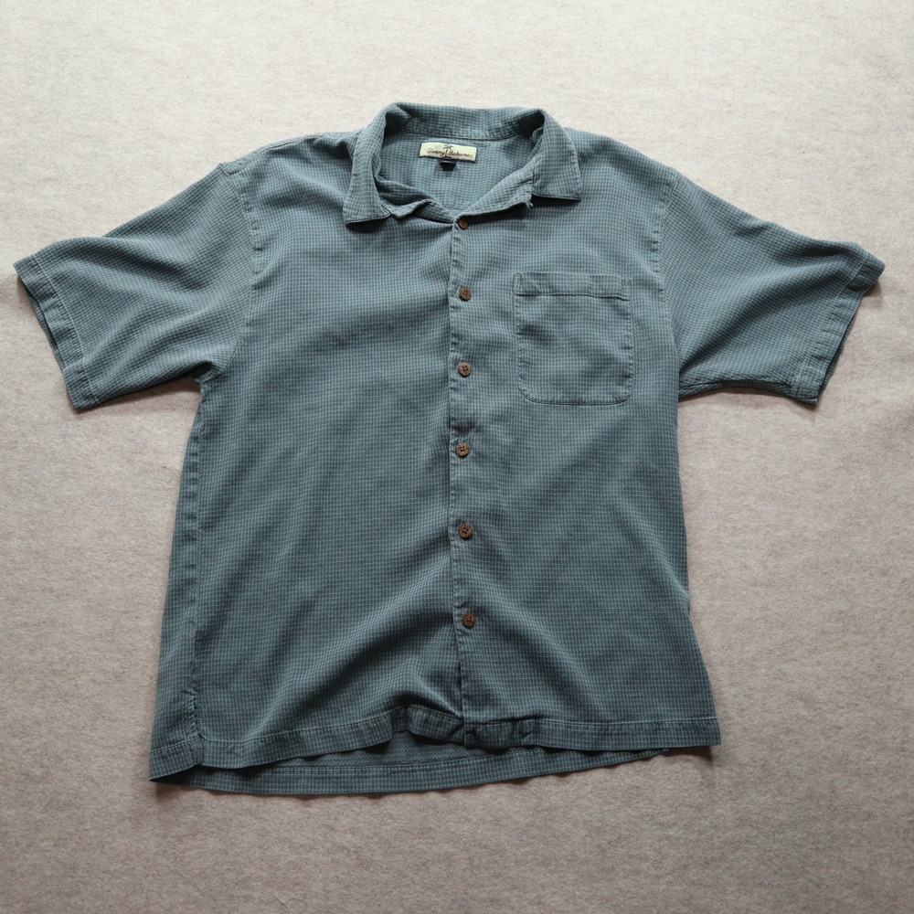 Tommy Bahama Shirt Large Silk Camp Y2K Textured Micro Check Short Sleeve Blue